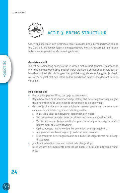 Pagina 24: Titel "ACTIE 3: BRENG STRUCTUUR". Gebruik van tekst en iconen om de presentatie te structureren.
