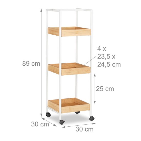 Relaxdays badkamerrek notenhout, 3 etages, open, vierkant, badkamer kastje hout, HBD 79.5 x 36 x 36 cm, opbergrek, wit