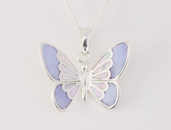 Zilveren vlinder hanger met blauwe witte parelmoer aan ketting | bol.com