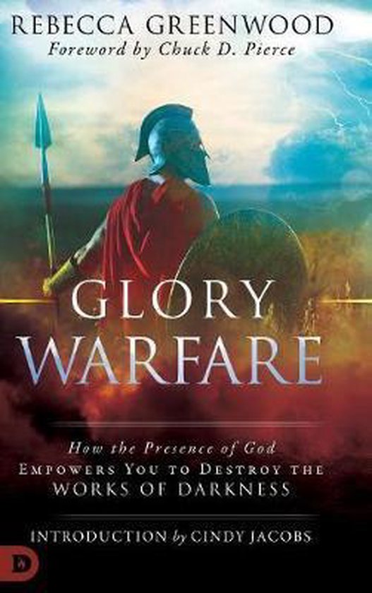 Boekcover met de titel 'Glory Warfare'. Een strijder in harnas met een schild en speer, met bliksem op de achtergrond.