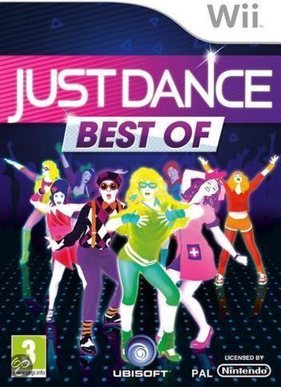 Just Dance Best Of Wii cover met dansende figuren op een paarse achtergrond. De titel is in witte en roze letters.