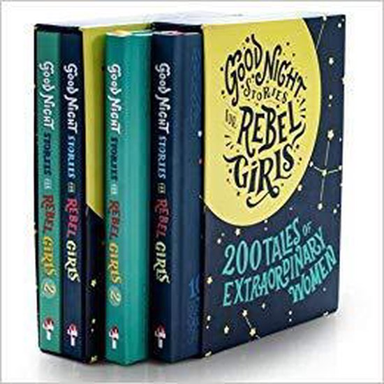 Doos met drie boeken, getiteld 'Good Night Stories for Rebel Girls'. De voorkant van de doos heeft een gele achtergrond met sterrenbeelden en de tekst '200 Tales of Extraordinary Women'.