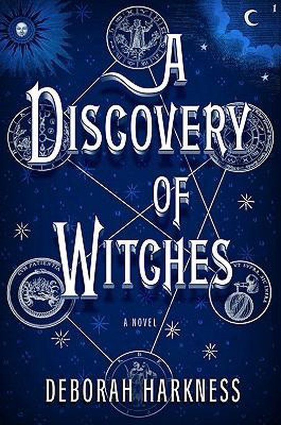 Couverture du livre "A Discovery of Witches" par Deborah Harkness, sur fond bleu étoilé, avec des médaillons circulaires ornés de symboles.