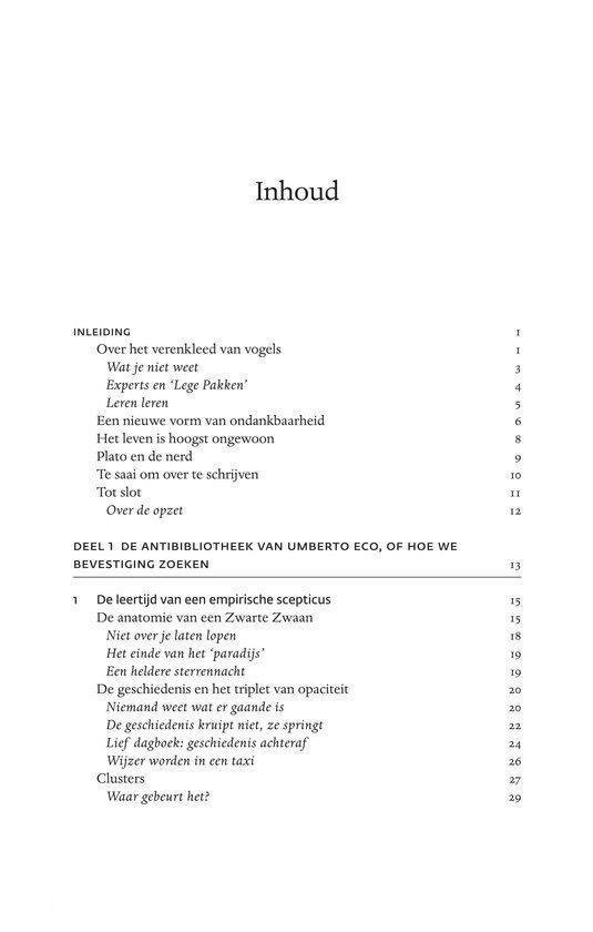 Inhoudsopgave beginnend met 'Over het verkleed van vogels' en 'De Zwarte Zwaan'.