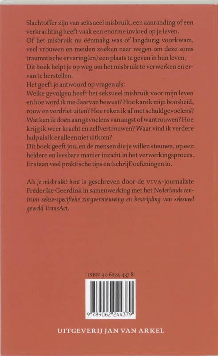 Achterkant van een boek met tekst over seksueel misbruik en verwerking, inclusief ISBN.