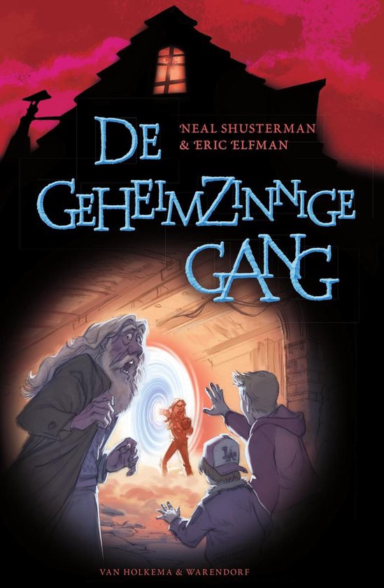 Boekomslag met tekst 'De Geheimzinnige Gang'. Een man met lang grijs haar kijkt verrast naar een draaiende lichtpoort. Twee jongens kijken toe, één met een pet.