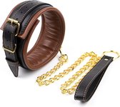 Banoch - Collar & leash Gold - Halsband en Riem - cognac bruin met goud - bondage