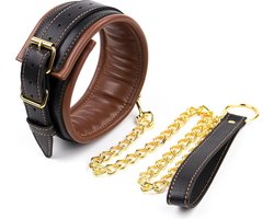 Banoch - Collar & leash Gold - Halsband en Riem - cognac bruin met goud - bondage