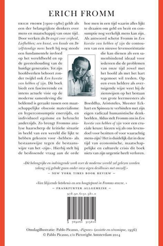 Achterkant boek "Een kwestie van hebben of zijn" van Erich Fromm, met foto auteur en tekst.