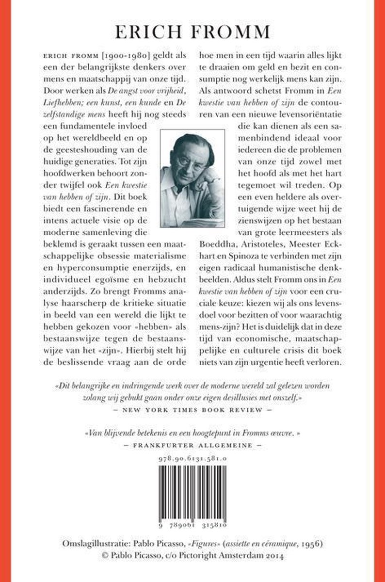 Achterkant boek "Een kwestie van hebben of zijn" van Erich Fromm, met foto auteur en tekst.