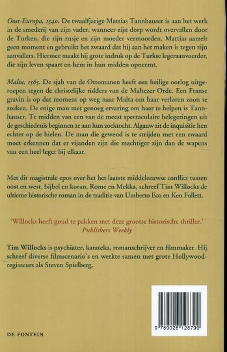 Boekcover van 'De Orde' met de rug van een boek en tekst over de inhoud en de auteur Tim Willocks.