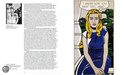 Pop-art portret van een vrouw in blauwe jurk met blonde lokken.