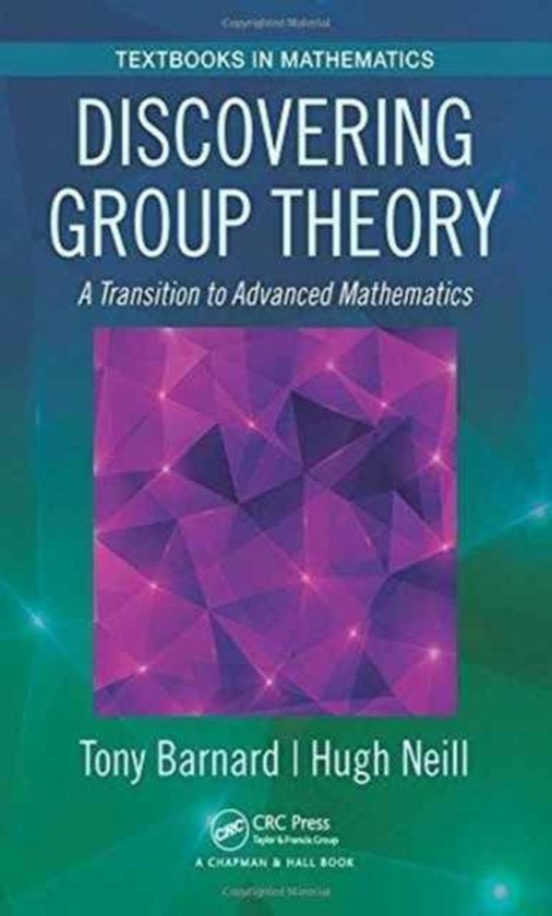 Boek "Discovering Group Theory" met een abstracte geometrische afbeelding in paars en roze tinten.