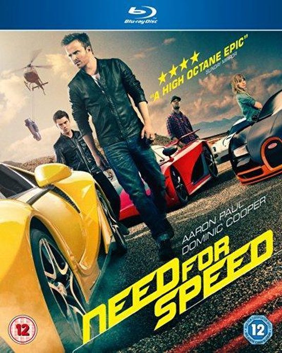 Blu-ray hoes van Need For Speed met Aaron Paul en Dominic Cooper, omringd door snelle auto's.