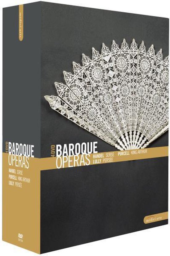 DVD box 'Baroque Operas' met een openklapbare kanten waaier in detail.