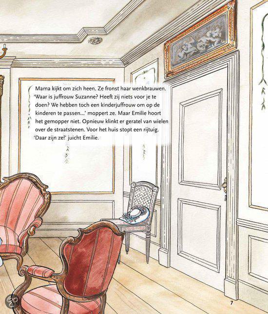 Illustratie van een kamer met antieke meubels, een deur en een schilderij aan de muur.