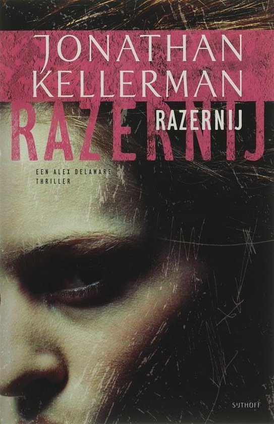 Boekomslag van Razernij met een deel van een vrouwen gezicht, focus op de ogen. De titel 'RAZERNIJ' staat in grote roze letters.