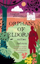 Boekomslag met de titel 'Orphans of Eldorado'. Een rode figuur staat op de voorgrond, omringd door tropisch groen en kleurrijke bloemen. De achtergrond toont een paleis en een maan.