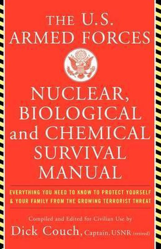 Boek: The U.S. Armed Forces Nuclear, Biological and Chemical Survival Manual. Rode omslag met gele en zwarte rand.
