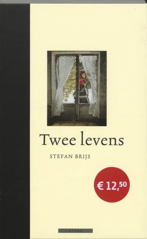 Boek 'Twee levens' van Stefan Brijs. Op de cover een schilderij van een deur met witte gordijnen, waarlangs een besneeuwd landschap zichtbaar is. Gecentreerd de titel 'Twee levens' en de naam van de auteur.