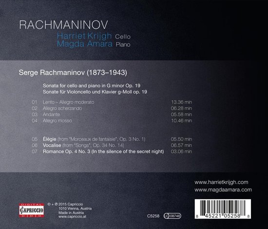 Achterkant CD-hoes van Rachmaninov, met tracklist, artiesten "Harriet Krijgh Cello Magda Amara Piano" en details van Capriccio.