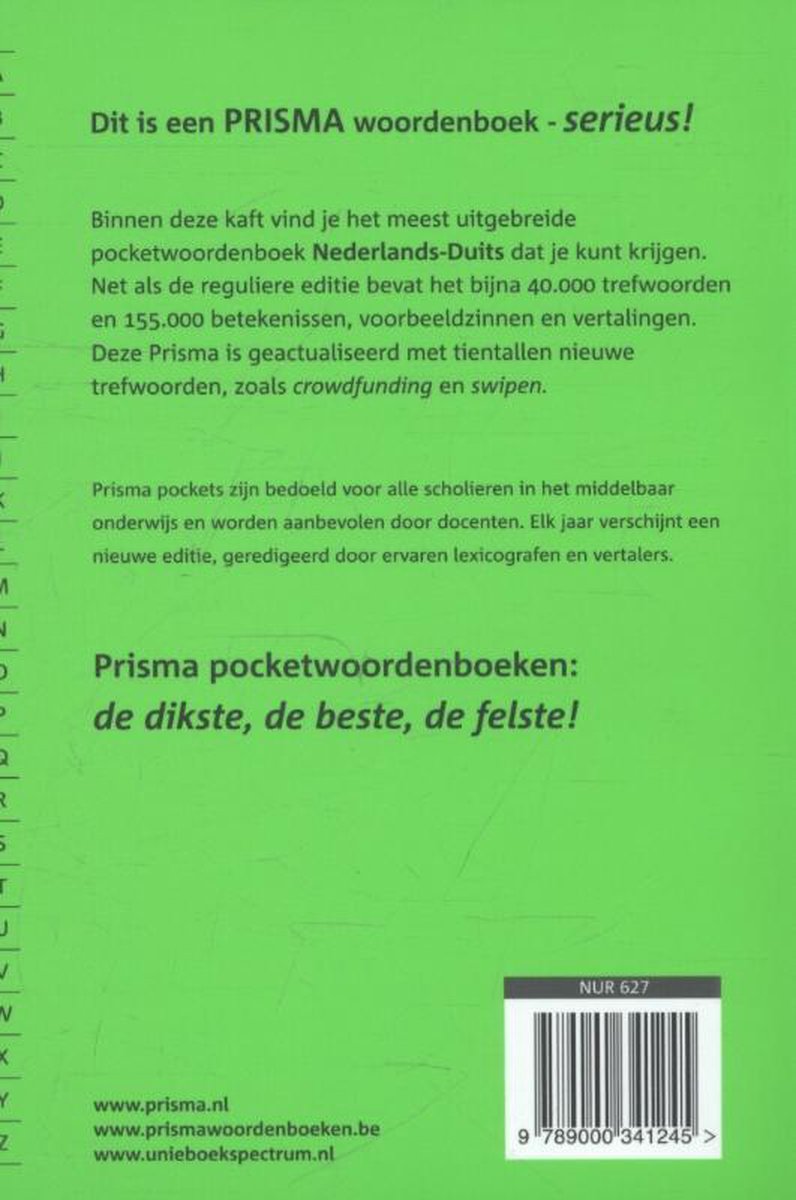 Achterkant van een groen Prisma pocketwoordenboek Nederlands-Duits met tekst en barcode.