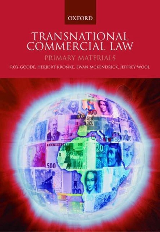 Boek 'Transnational Commercial Law Primary Materials' met een wereldbol van bankbiljetten.