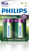 2 Stuks in Blister - Philips MultiLife 1.2V D / HR20 3000mAh NiMh oplaadbare batterij