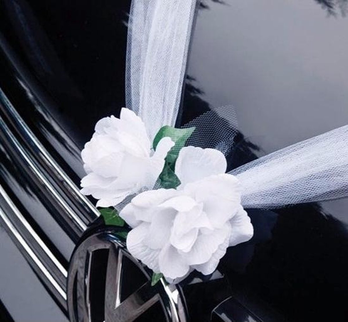 Trouwauto organza lint met roosjes wit/groen Bruidsauto versiering