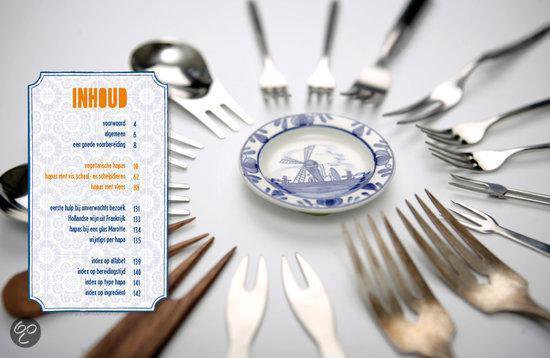 Een receptenboek met een inhoudsopgave van hapjes, vegetarische hapjes, hoofdgerechten en indices.