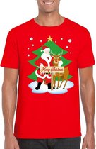 Foute Kerst t-shirt met de kerstman en rendier Rudolf rood voor heren S