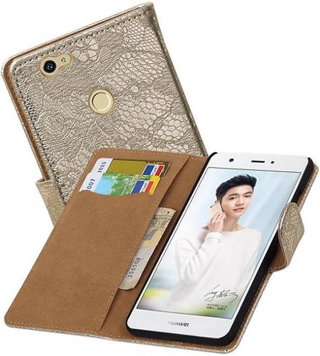 Lace Bookstyle Wallet Case Hoesjes Geschikt voor Huawei Nova Goud