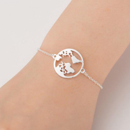 24/7 Jewelry Collection Wereldbol Armband - Wereldkaart - Kaart - Aarde - Wereld - Zilverkleurig - Amodi