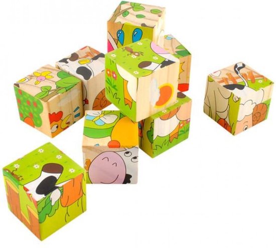 Houten blokpuzzel van 6 boerderijdieren. 9 blokken met 6 verschillende  puzzels. | bol.com