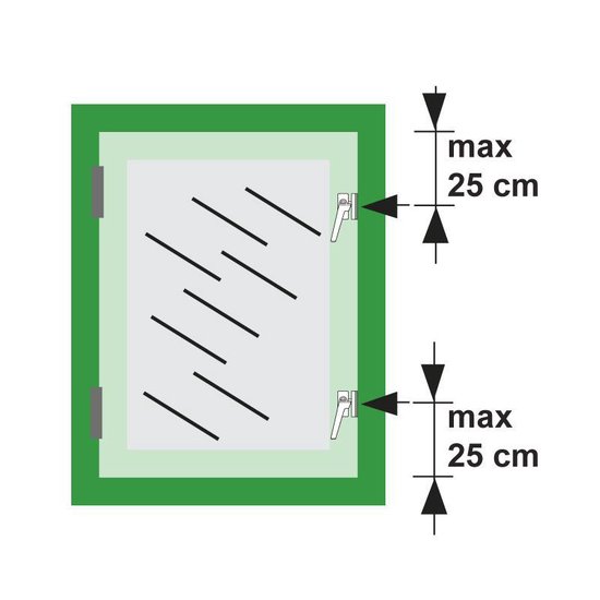 Diagram van een raam met twee raamsluitingen, elk maximaal 25 cm van de boven-/onderkant.