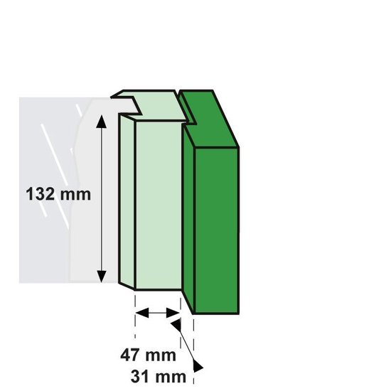 Schematische weergave van de afmetingen van een raamsluiting, 132 mm hoog, 47 mm en 31 mm diep.