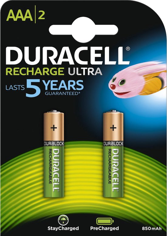 Duracell AAA oplaadbare batterijen met 5 jaar garantie.