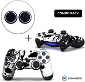 Verfspetters / Wit met Zwart Combo Pack - PS4 Controller Skins PlayStation Stickers + Thumb Grips
