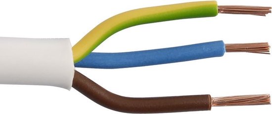 Drie blootgelegde draden van huishoudsnoer: bruin, blauw en geelgroen.