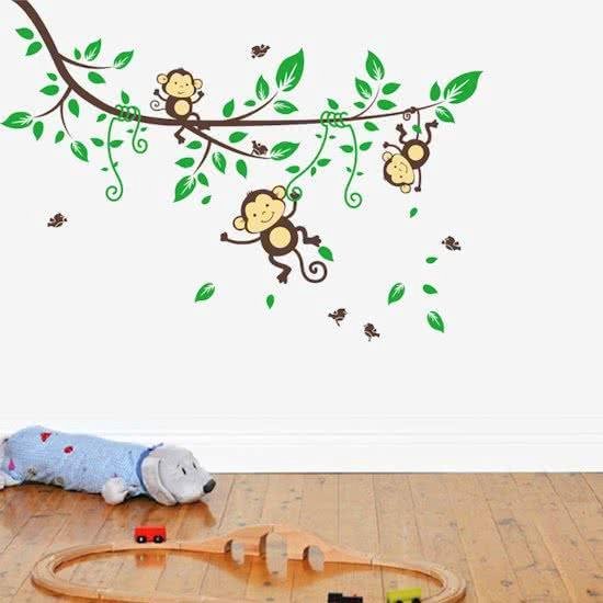Muursticker aapjes slingerend aan tak | kinderkamer - babykamer | modern - decoratie - fleurig