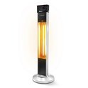 Trotec staande terrasverwarmer met zilveren voet, zwart omhulsel en gloeiende warmte-elementen.