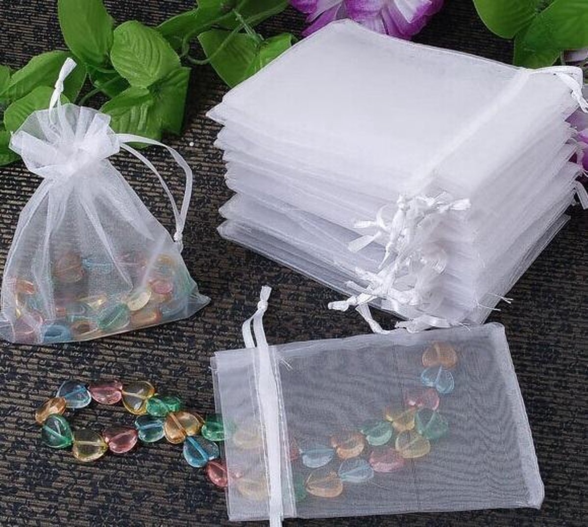 100 stuks oranje organza geschenkzakjes, 7 x 9 cm kleine organza gunstzakjes, trouwsieraden zakjes met trekkoord, mesh snoep gunstzakje feest zoete zakjes voor verjaardag, bruiloft, Kerstmis