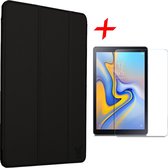 Hoesje geschikt voor Samsung Galaxy Tab A 10.5 (2018) - Tri-Fold Book Case Zwart + Screenprotector Gehard Glas Tempered Glass van iCall