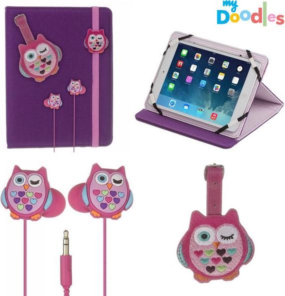 My Doodles tablet accessoires - In-ear koptelefoon - Tablethoes - Paars