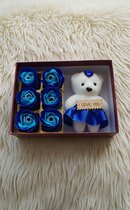 Geschenkdoos met teddy beertje “iloveyou” en 6 blauwe zeeprozen. 16cm / cadeau/ valentijnsdag / moederdag / inclusief geschenkdoos.