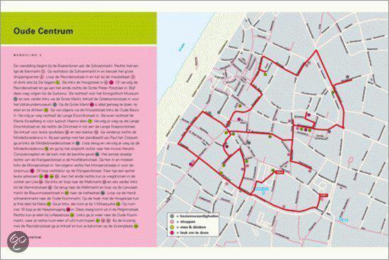 Stadskaart van Antwerpen met een rode wandelroute die door het centrum loopt. Iconen geven bezienswaardigheden aan.