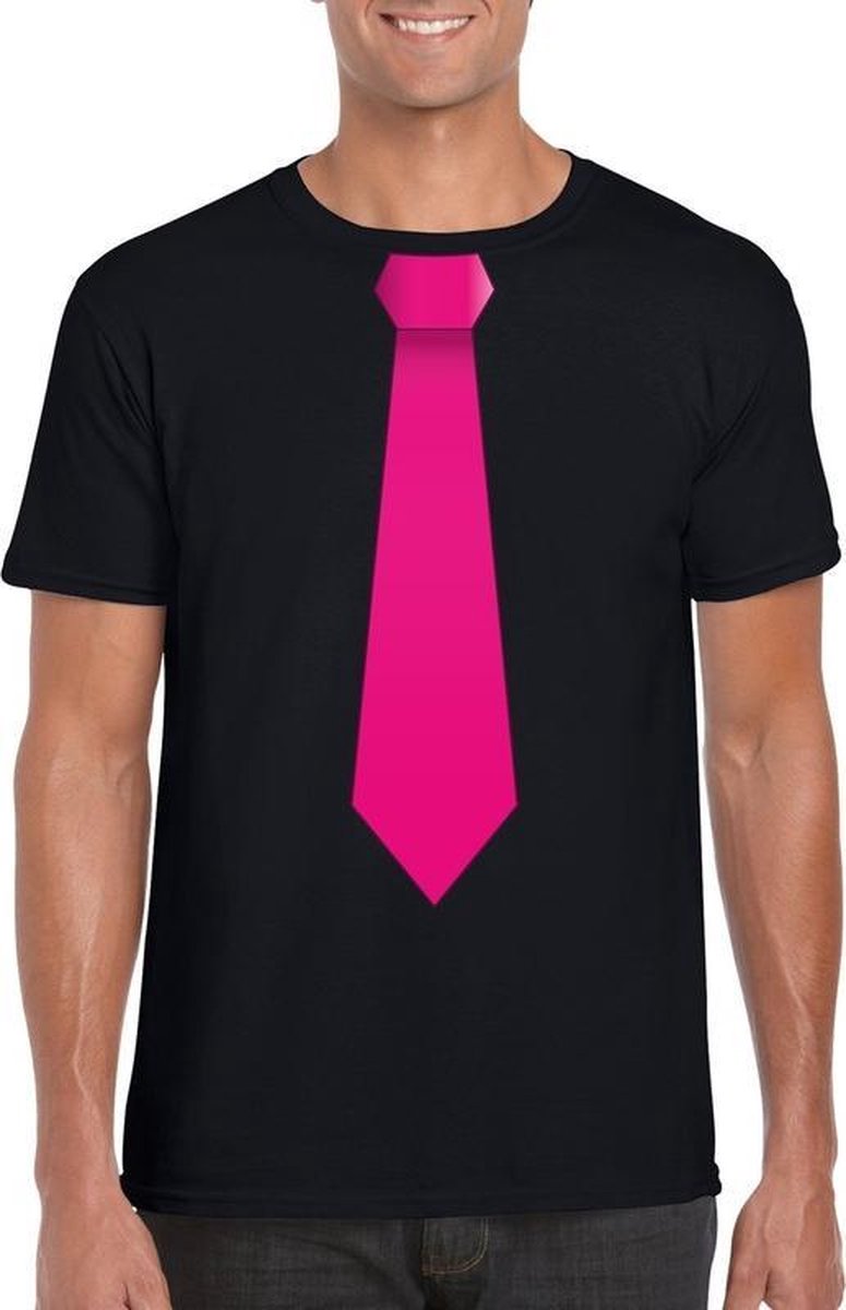 Afbeelding van product Bellatio Decorations  Zwart t-shirt met roze stropdas heren XXL  - maat XXL