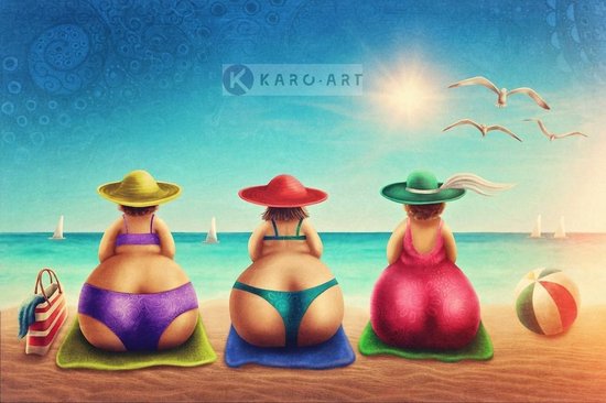Schilderij - Drie gezellige dames op strand, Multikleur , 3 maten , Premium print | bol.com