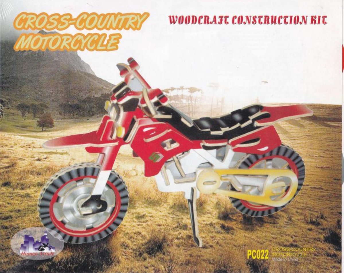 Woodcraft 3D Puzzel Bouwpakket Crossmotor hout gekleurd
