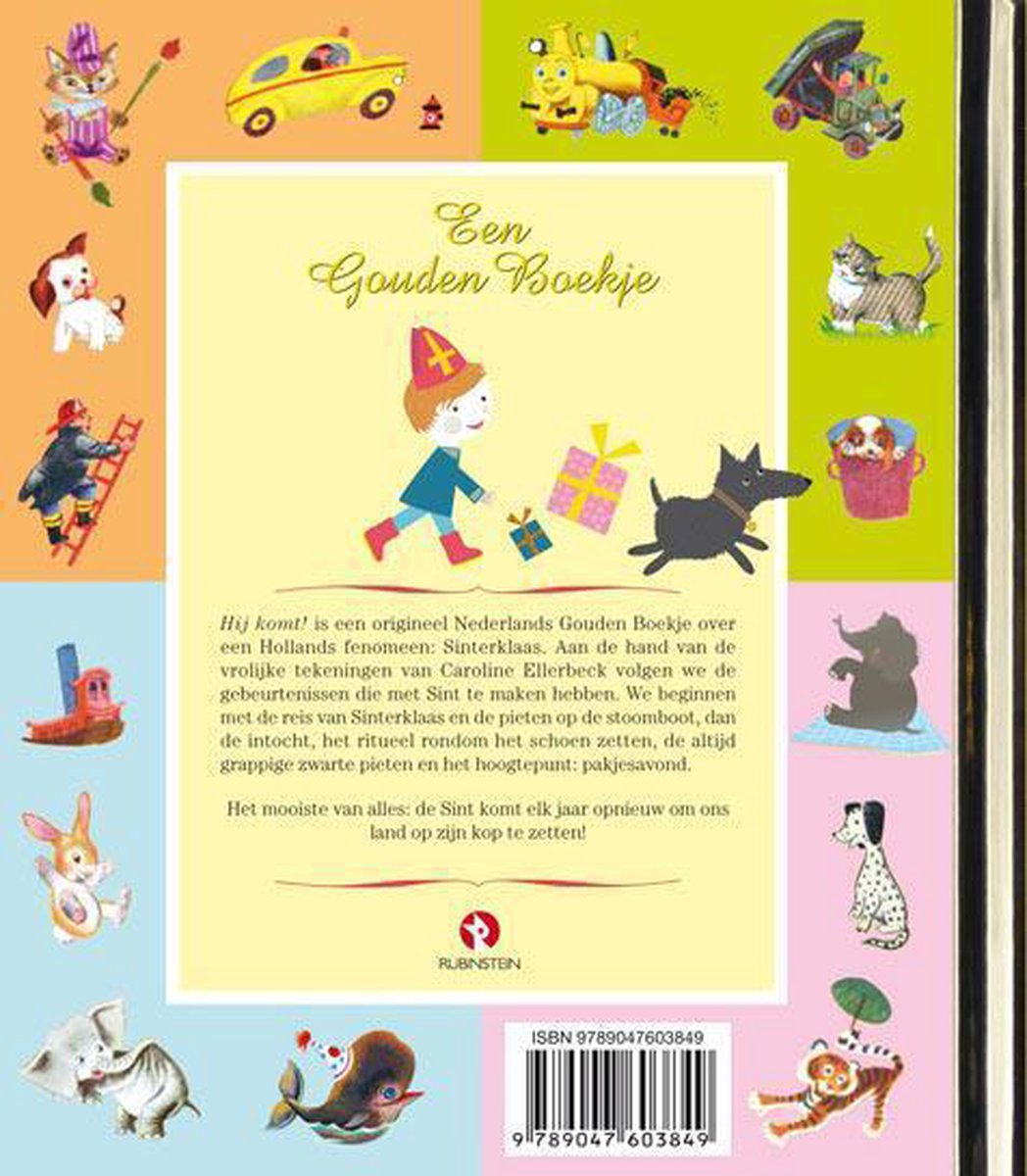 De achterkant van 'Een Gouden Boekje' met illustraties van een jongen met een hoed, een hond en cadeautjes, omringd door diverse dieren.